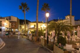 Benahavis Village Restaurants Village square at night"