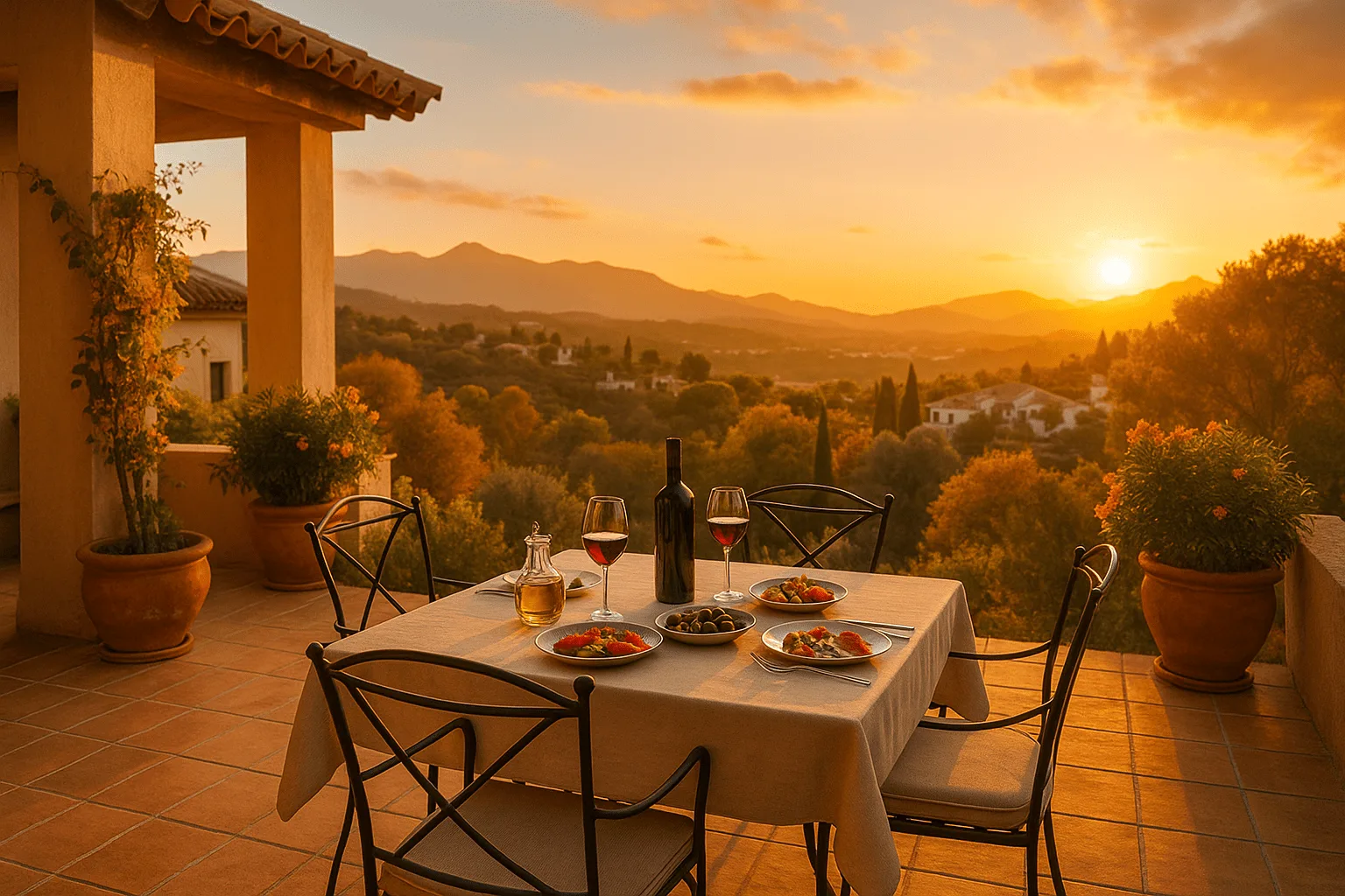 A table set for dinner on a terrace overlooking the mountains in Benahavis on an autumn evening