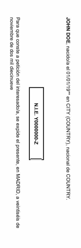 A sample NIE number as on the certificate