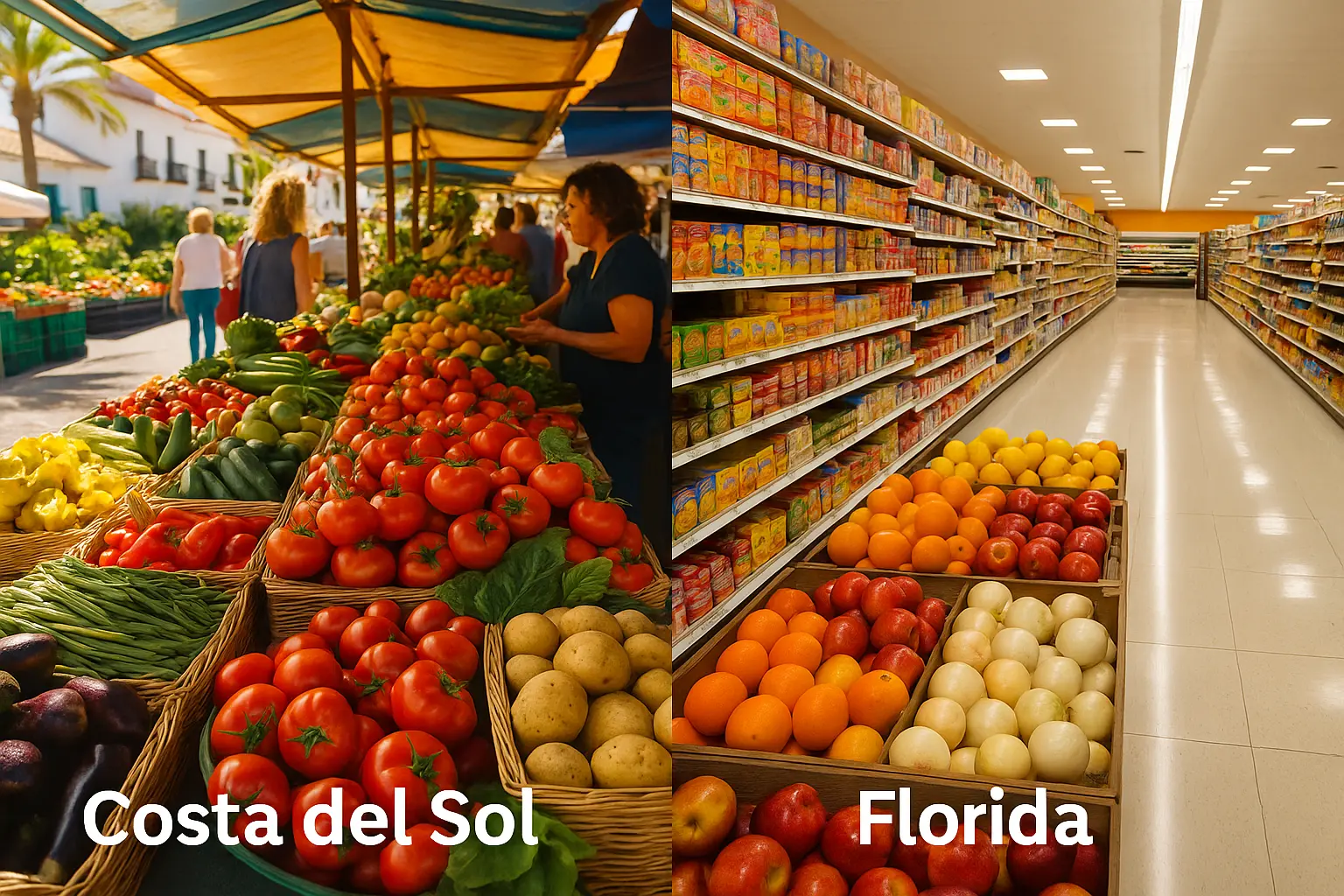 Fresh produce at a Costa del Sol market and groceries in Florida