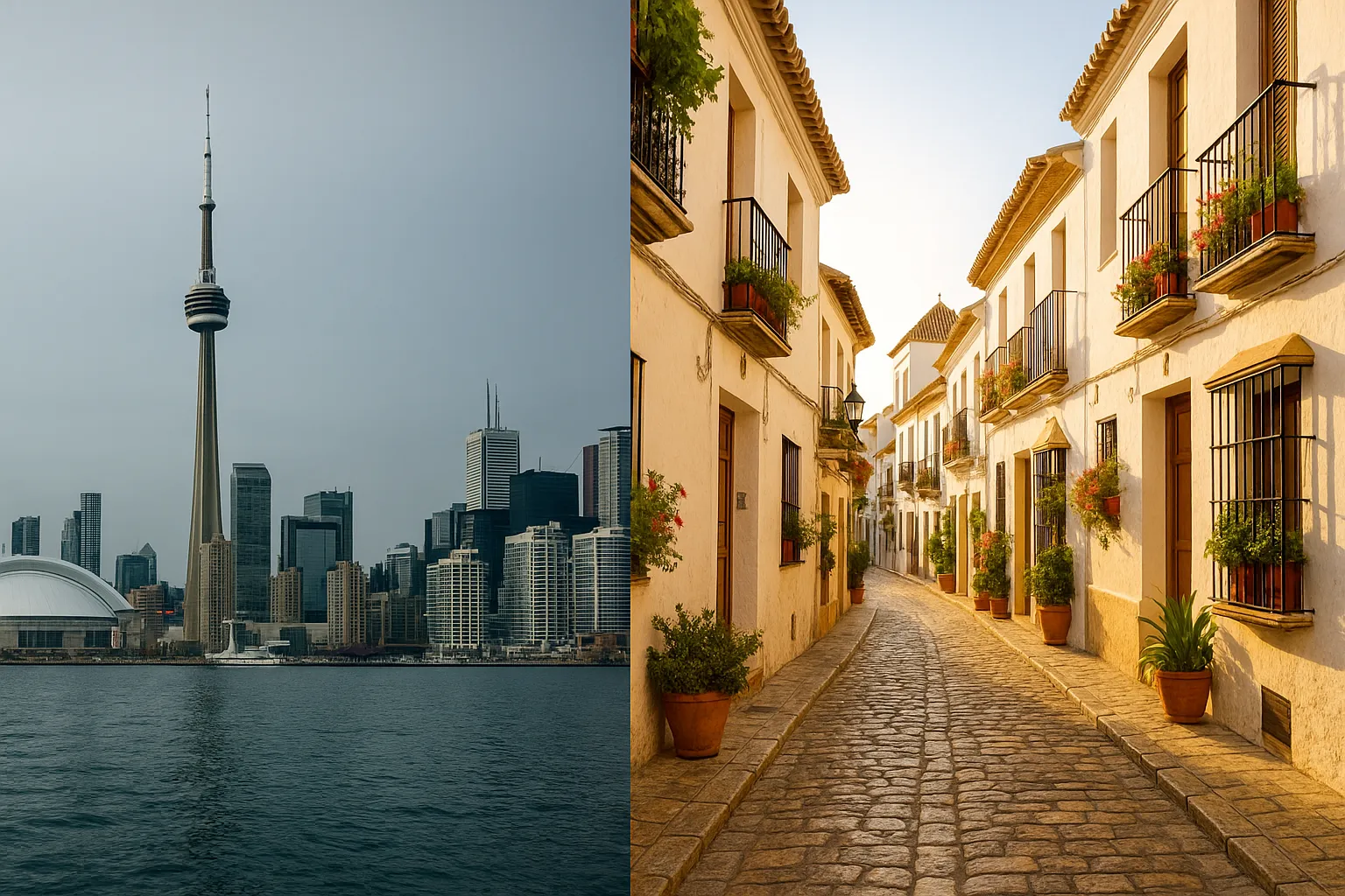 Toronto skyline contrasted with a Mediterranean old town street