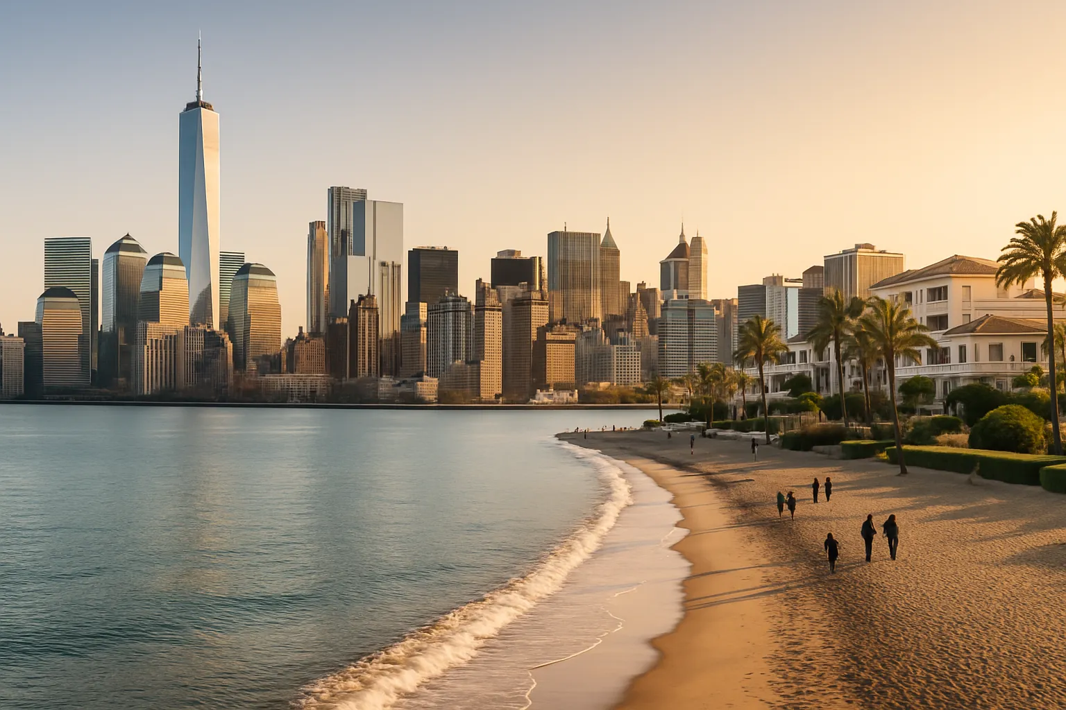 New York skyline contrasted with the Costa del Sol coastline