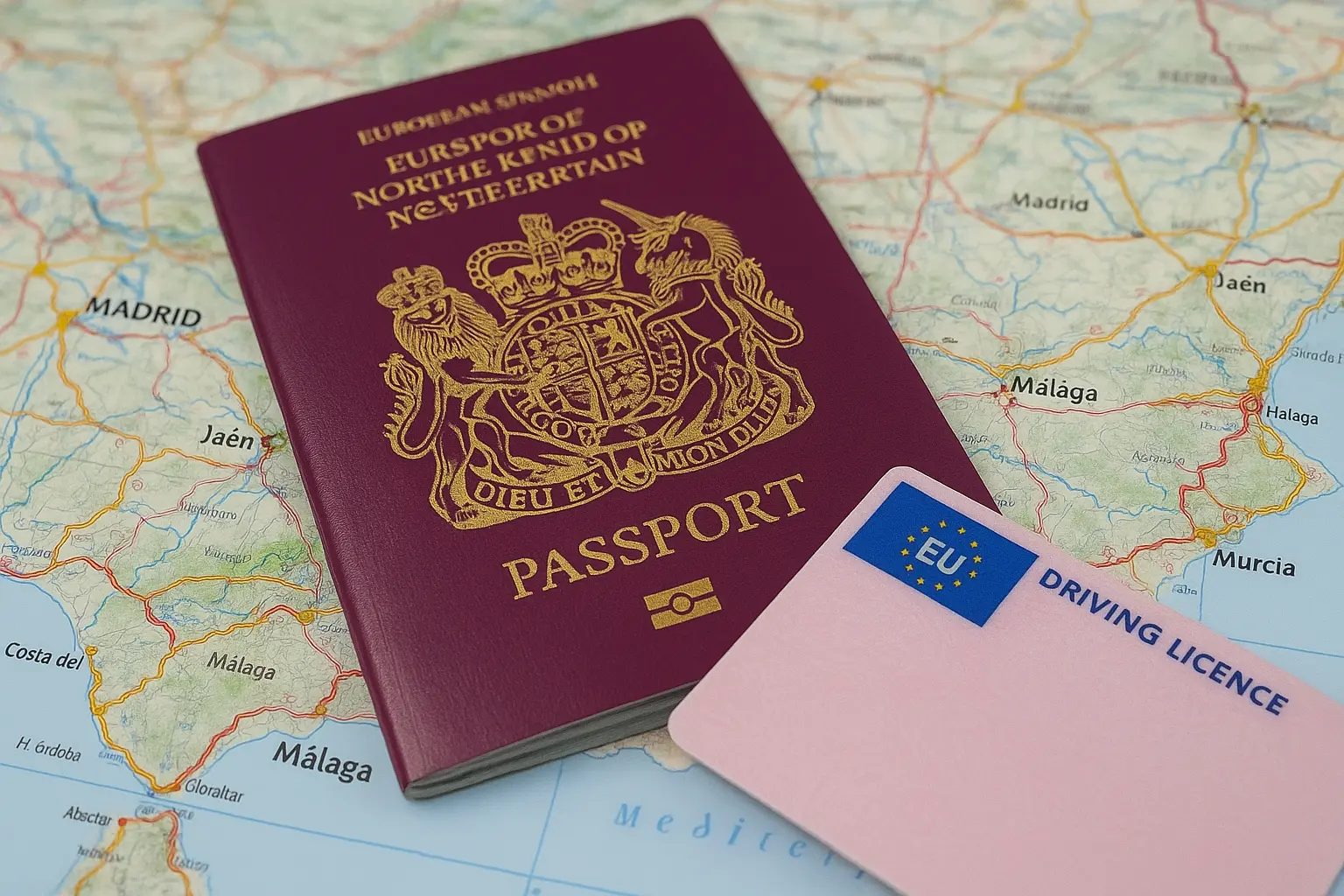 Driving licence and passport on a map of Spain