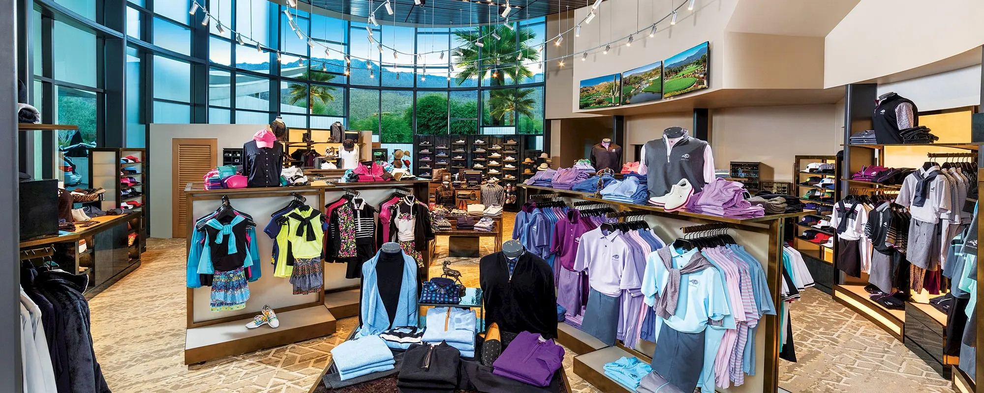 Golfer choosing clubs in a golf shop on the Costa del Sol