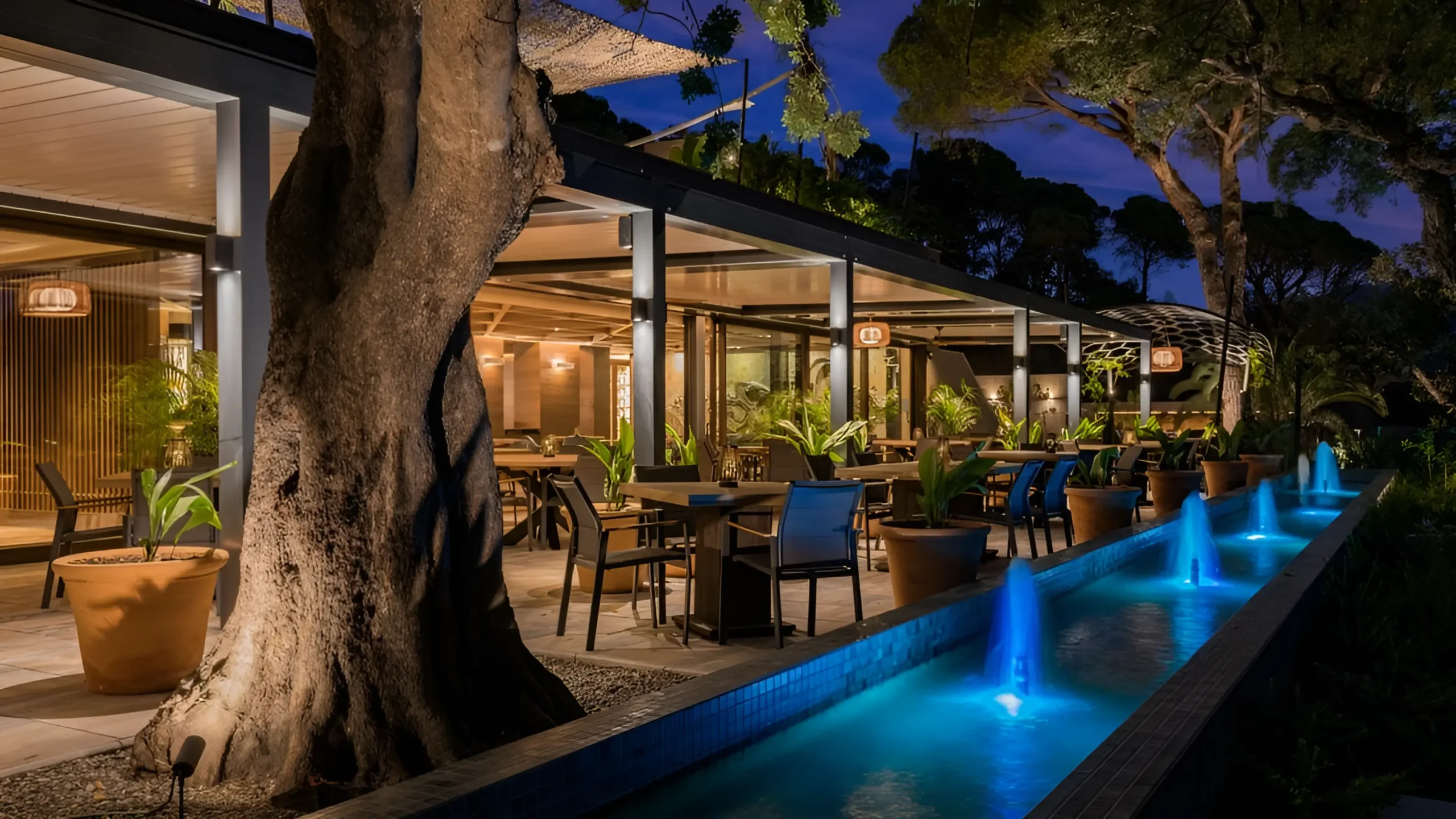 Restaurant terrace in Benahavís village during the evening