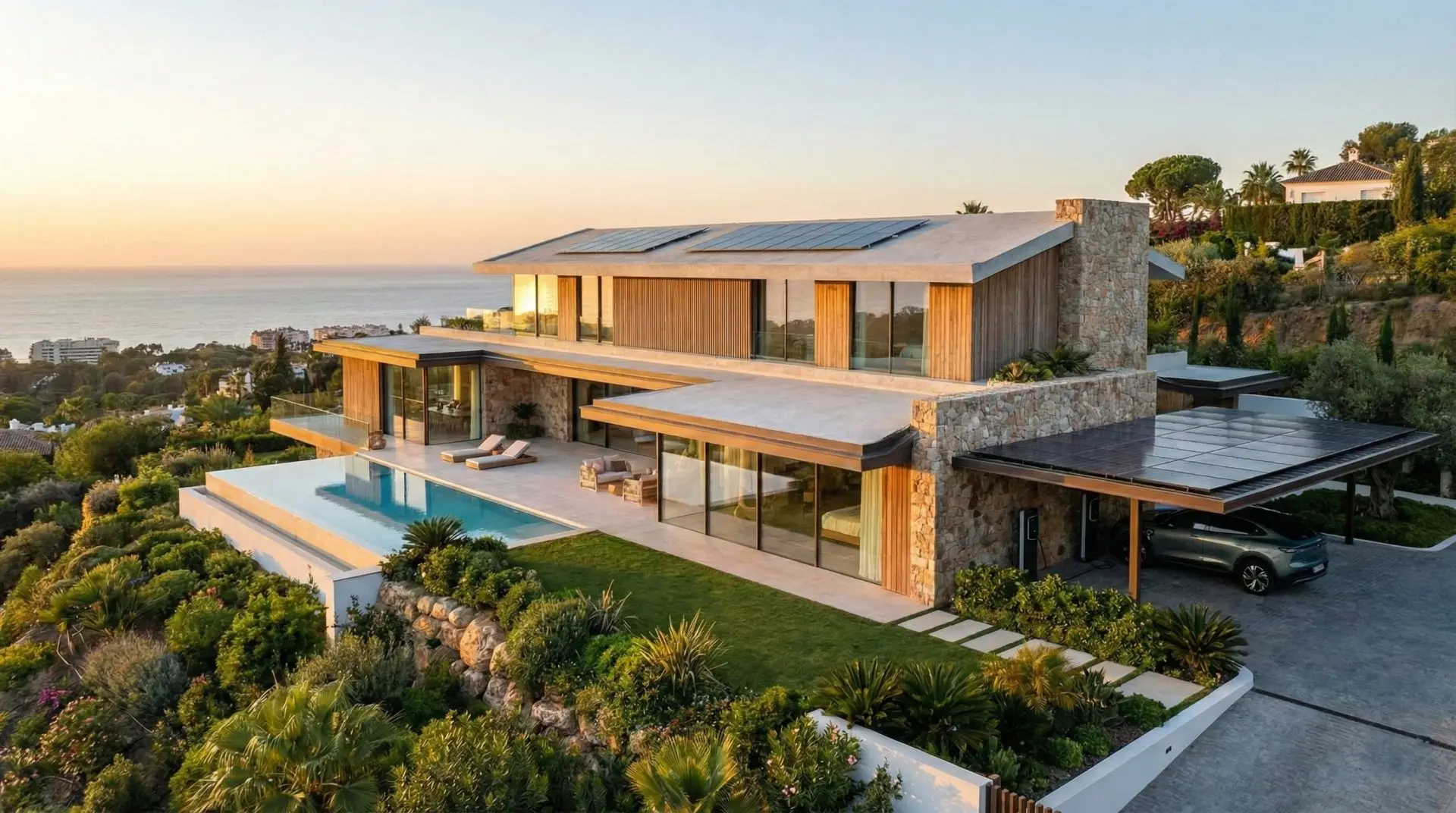 Sustainable villa features: solar, glazing, and landscape integration