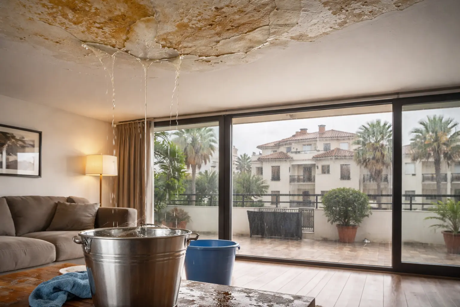 Water damage in a Spanish apartment community after heavy rain