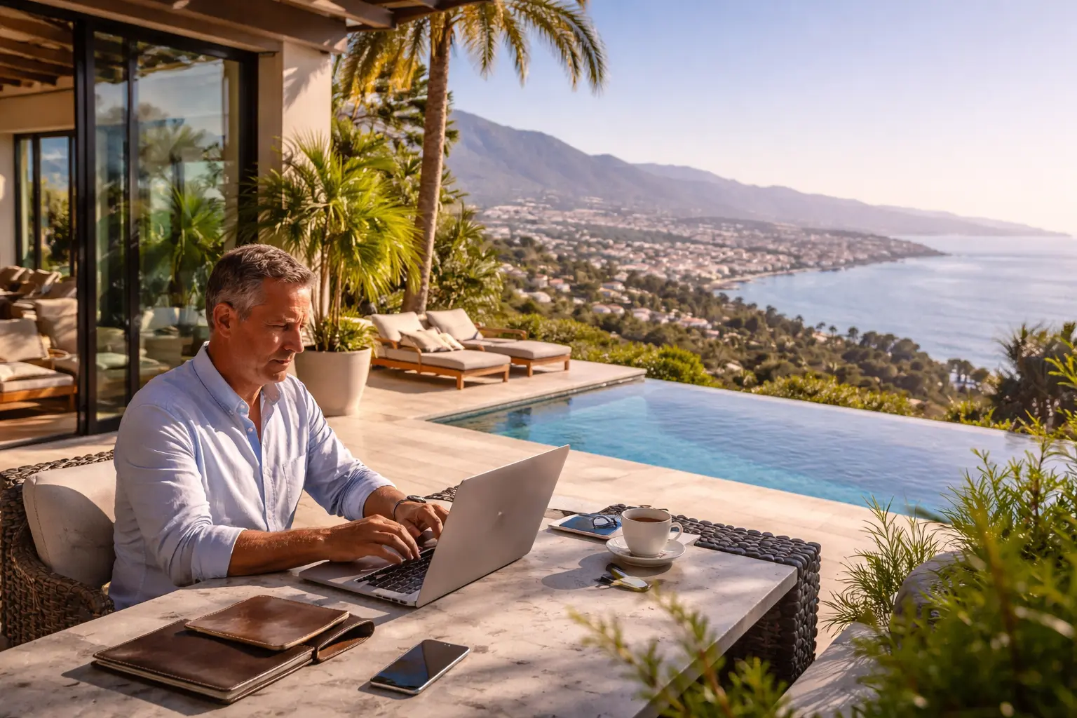 Remote executive working from a luxury villa in Spain under the Beckham Law