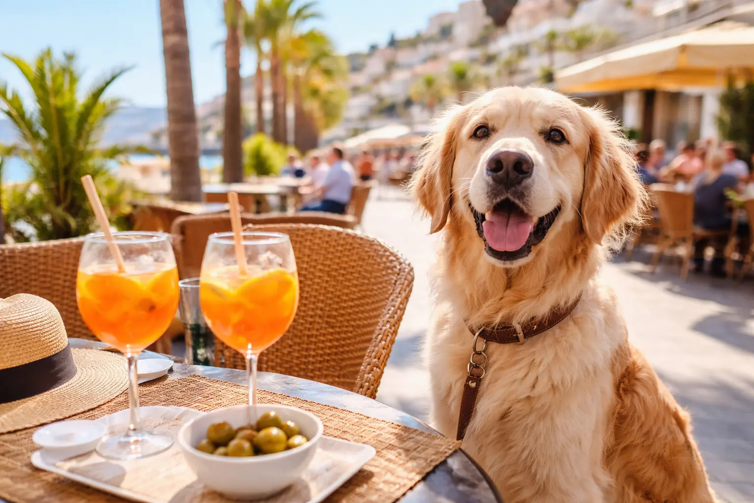 Golden retriever sitting at a terrace café on the Costa del Sol with sea views and palm trees