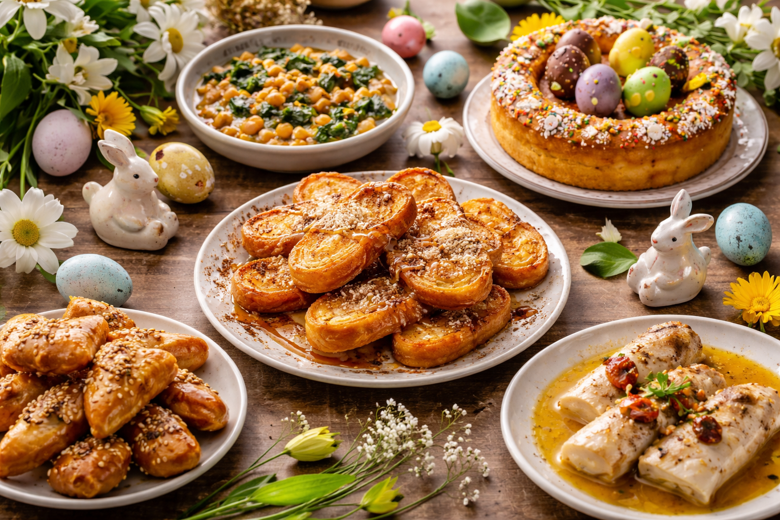 Traditional Easter dishes in Andalucía served on a spring table