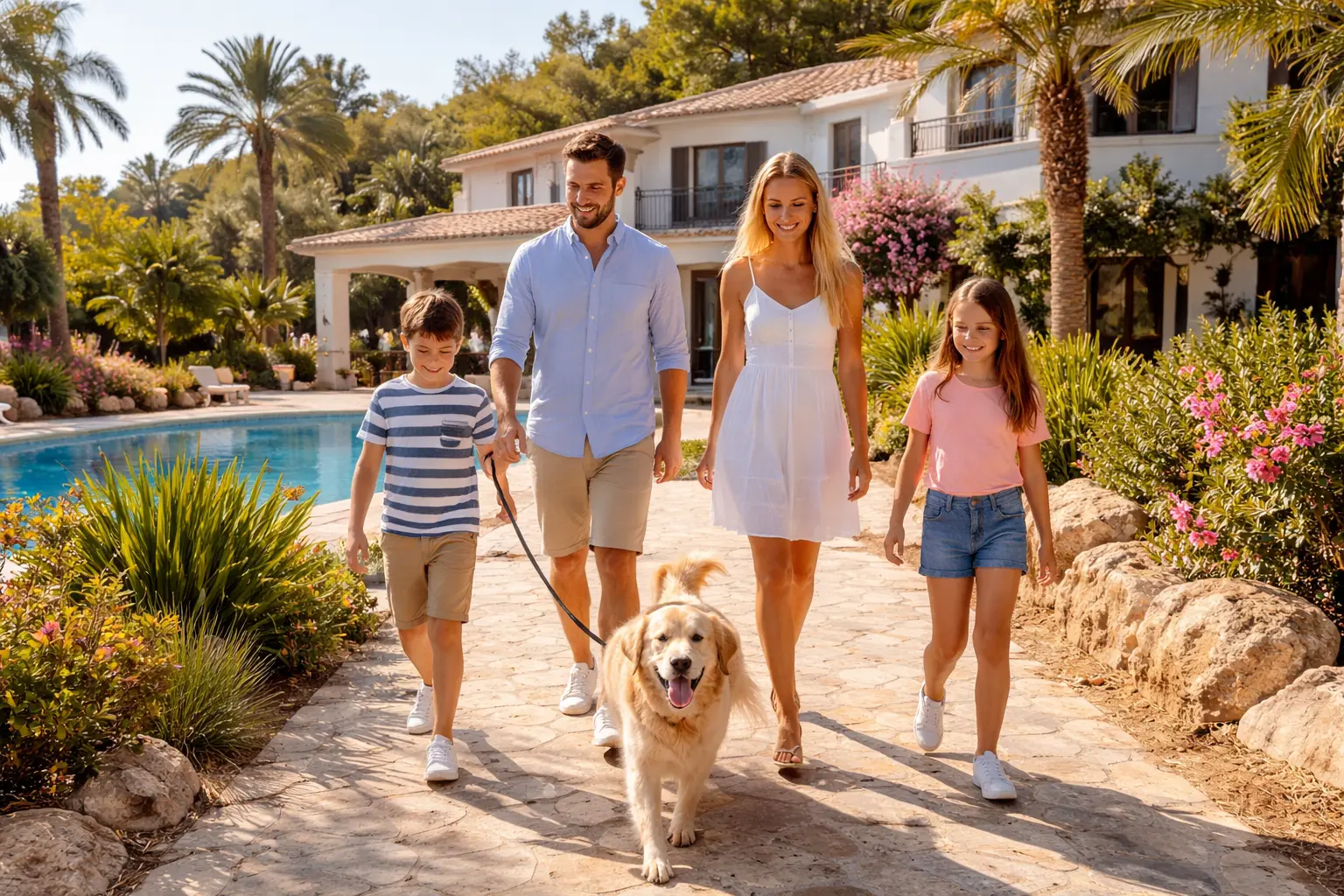 Family walking their dog near a villa in Benahavís on the Costa del Sol