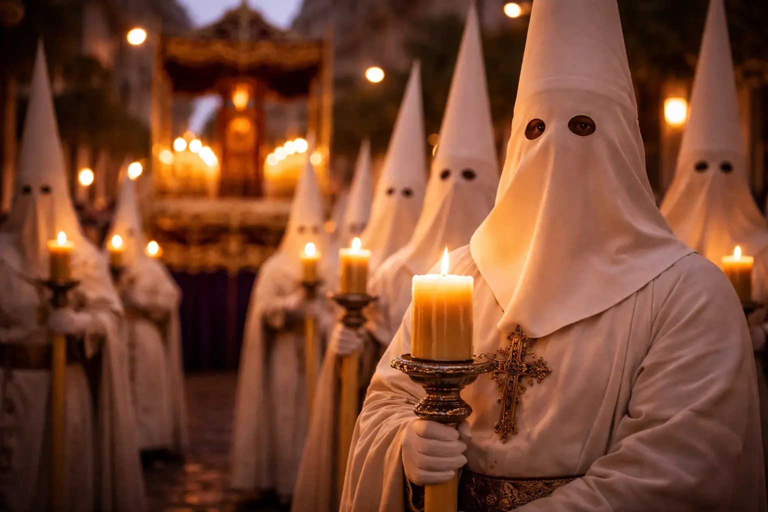 Nazarenos, candles and Easter processional details during Semana Santa in Andalucía