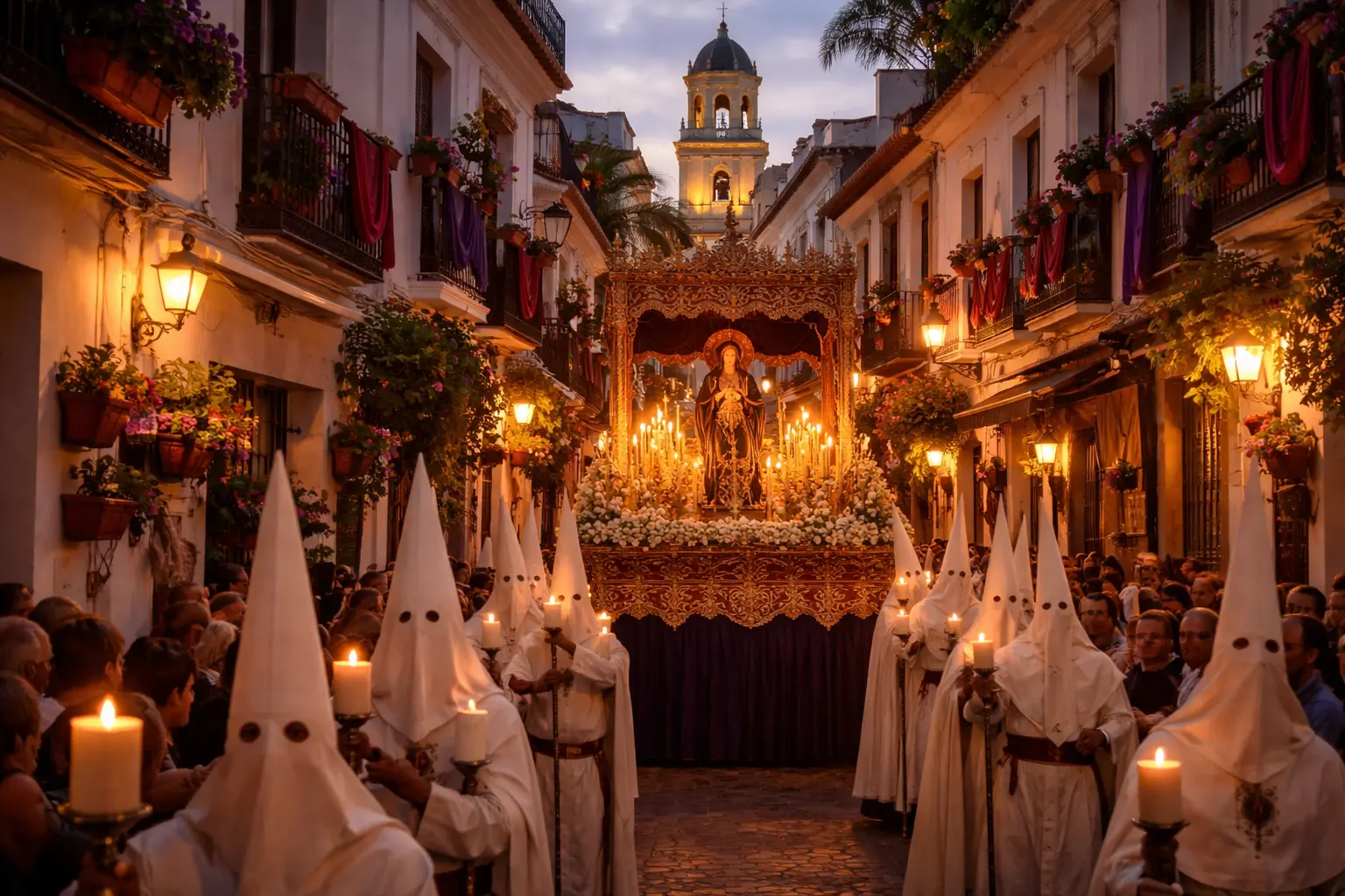 Semana Santa procession moving through Marbella old town during Easter week