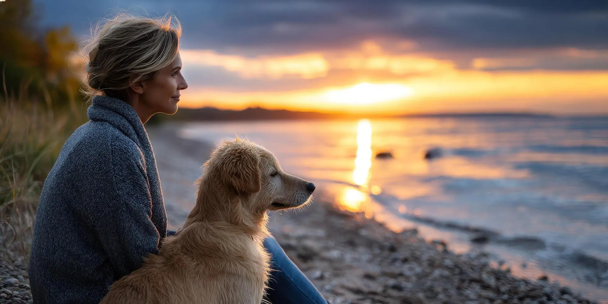 Woman and her pet enjoying a sunset by the beach on the Costa del Sol