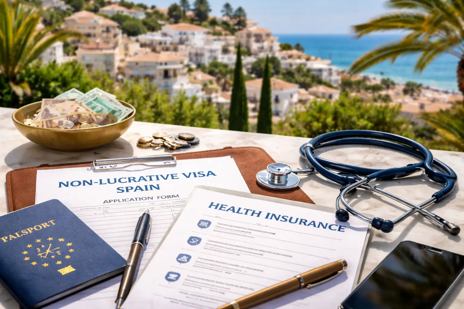 Spain non-lucrative visa health insurance documents on table with coastal backdrop