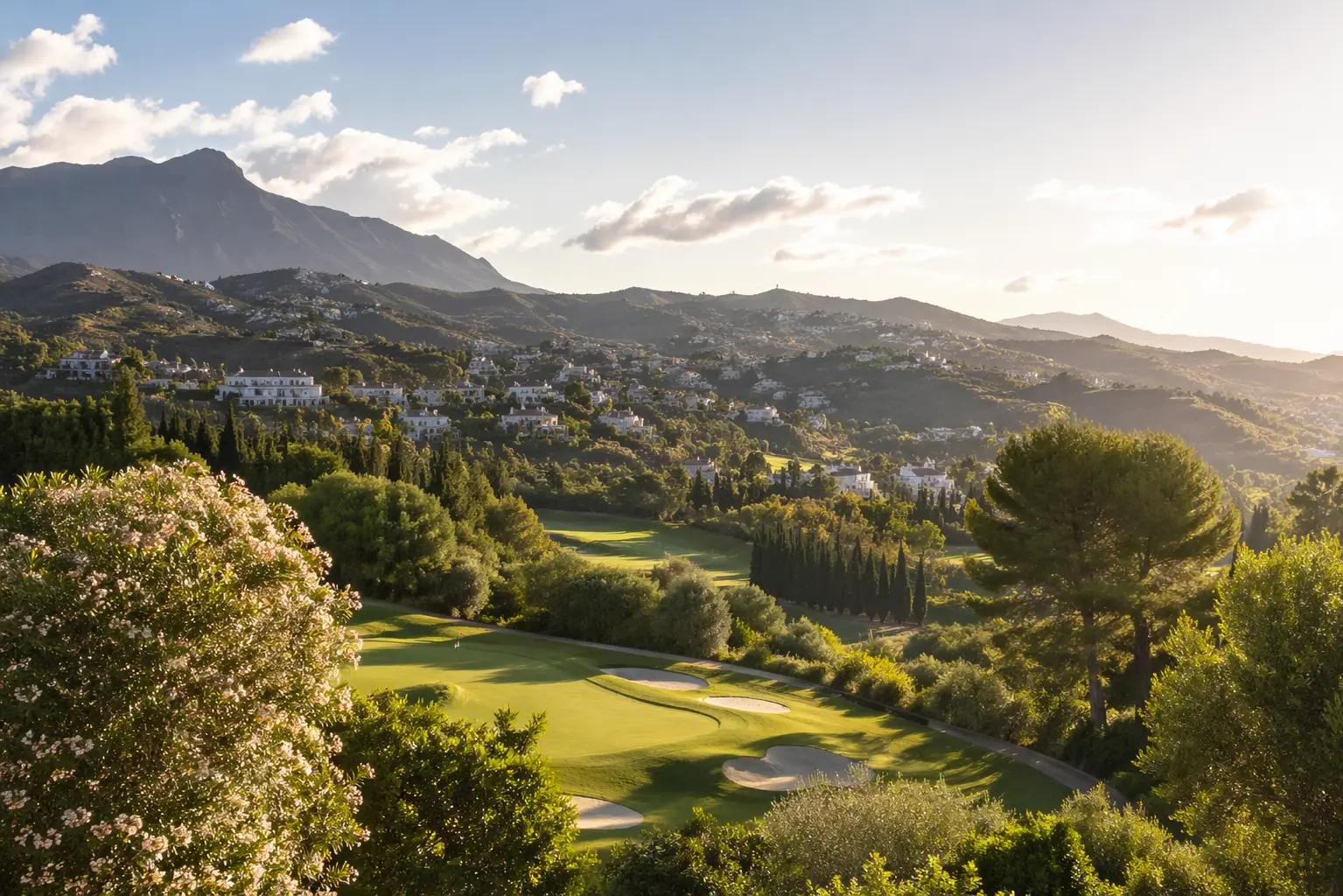 Golf course and mountain views in Benahavís during spring and summer