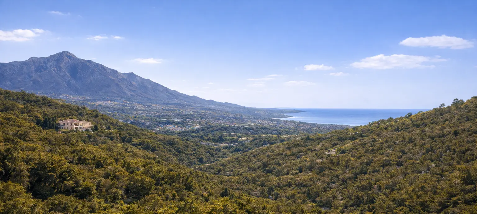Luxury view across Benahavís with mountains, greenery and Mediterranean light
