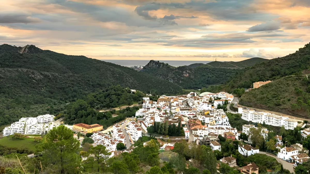 Traditional Andalusian streets and restaurants in Benahavís Village