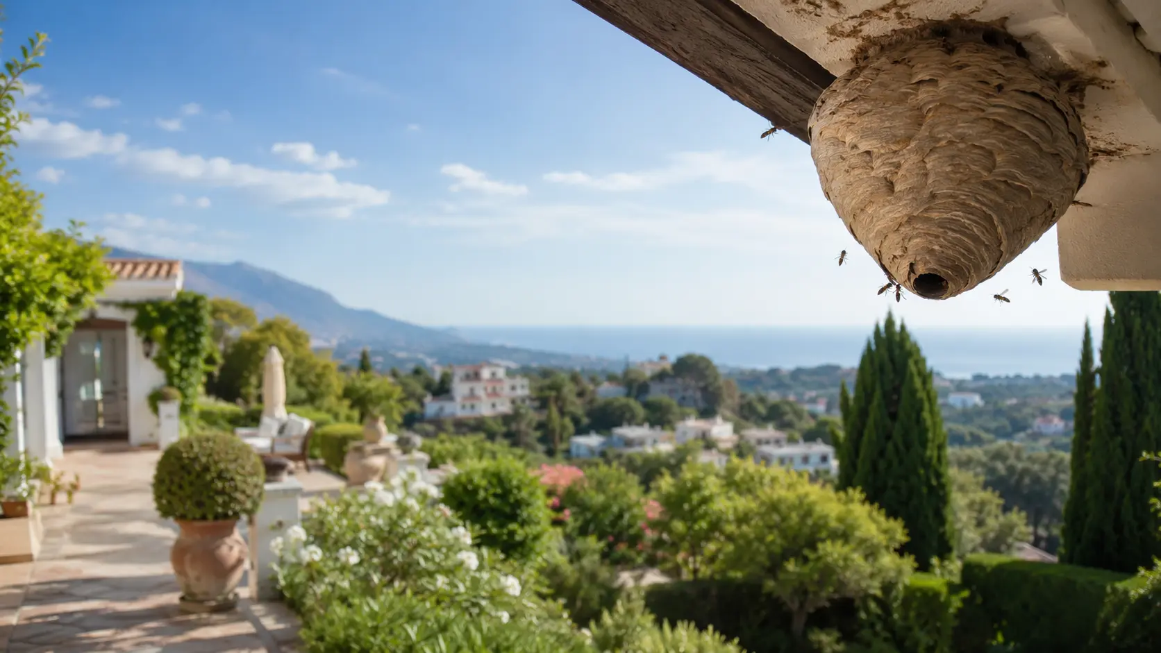 Mediterranean villa terrace in Benahavís where residents may need advice on wasps nests and wildlife nests