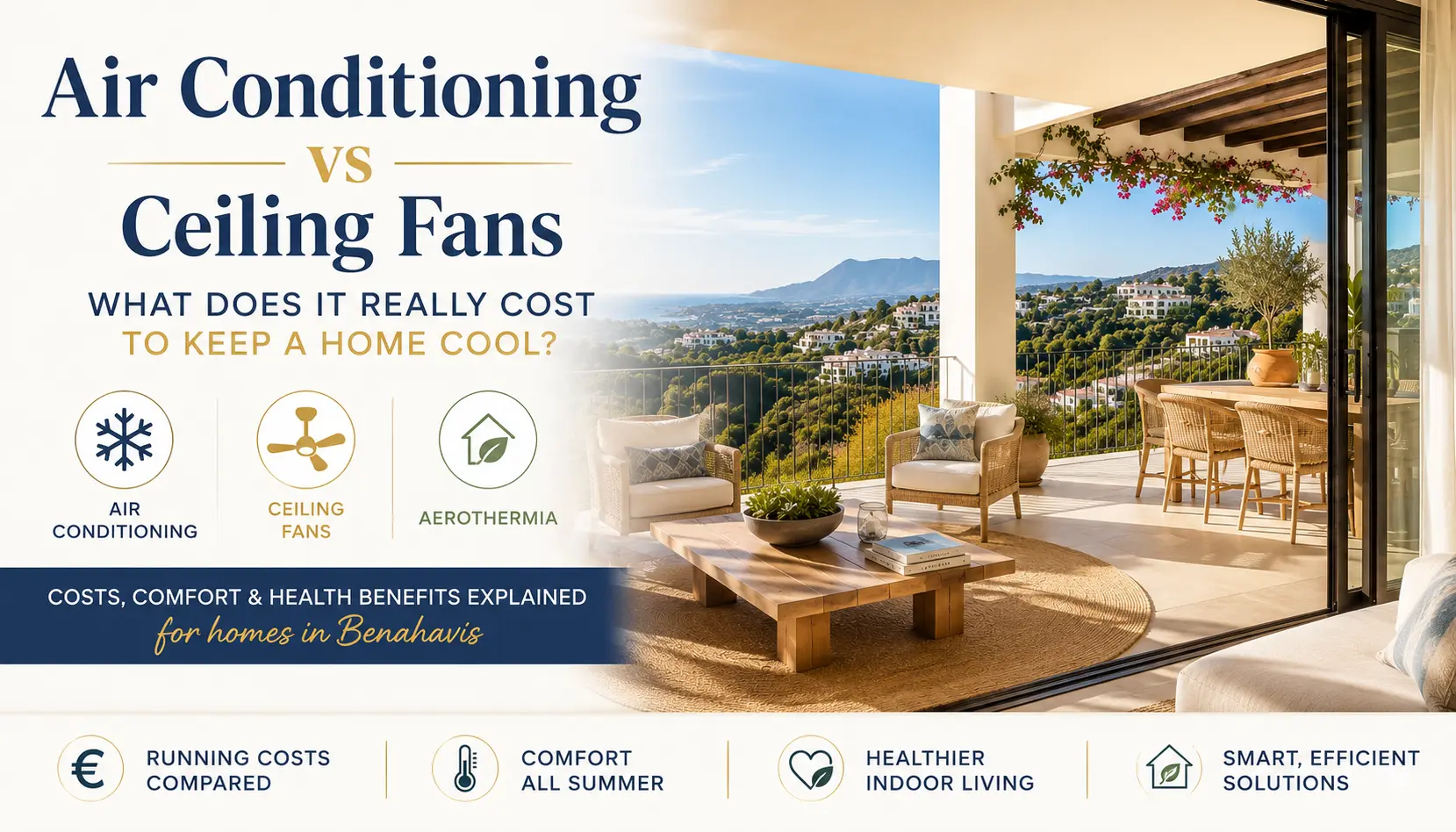 Cooling options and cost comparison for air conditioning, ceiling fans and aerothermia in Benahavís homes. air conditioning vs ceiling fans in Benahavís