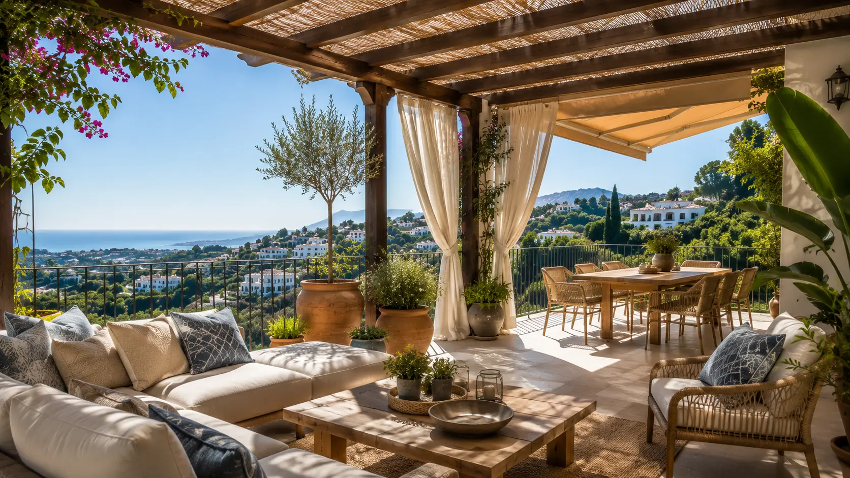 Shaded terrace in Benahavís with pergola, greenery and Mediterranean summer light