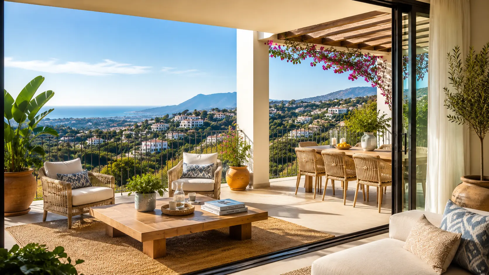 Bright Mediterranean apartment terrace in Benahavís with sea views and summer light