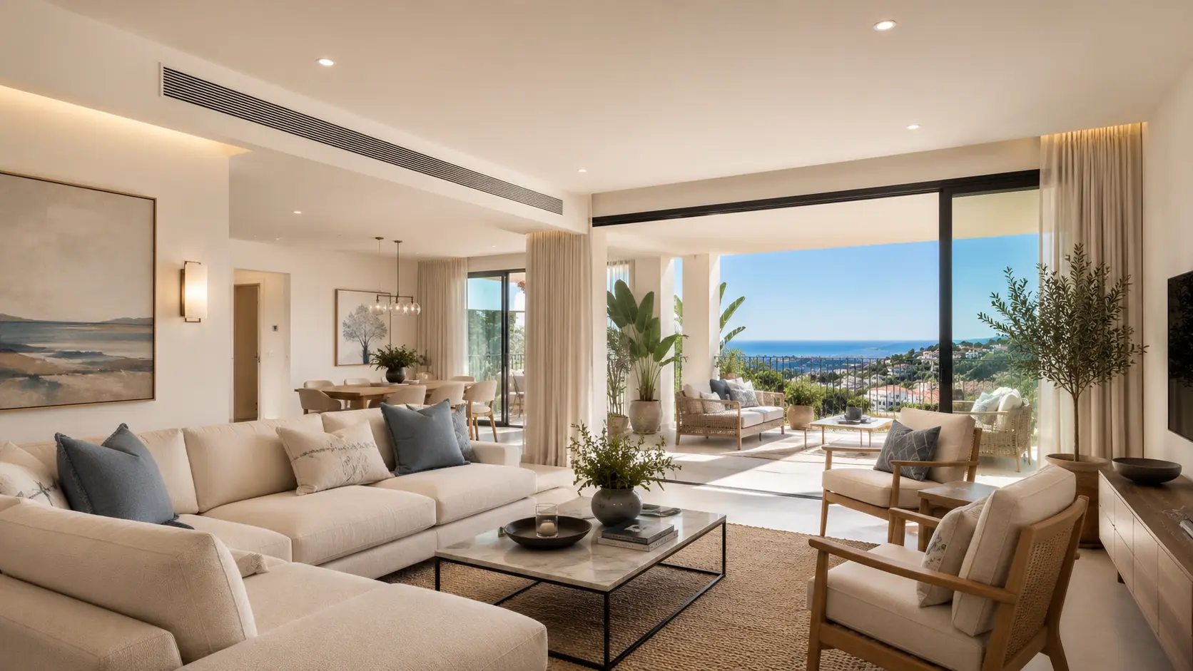 Elegant Benahavís apartment interior with discreet air conditioning and summer sunlight