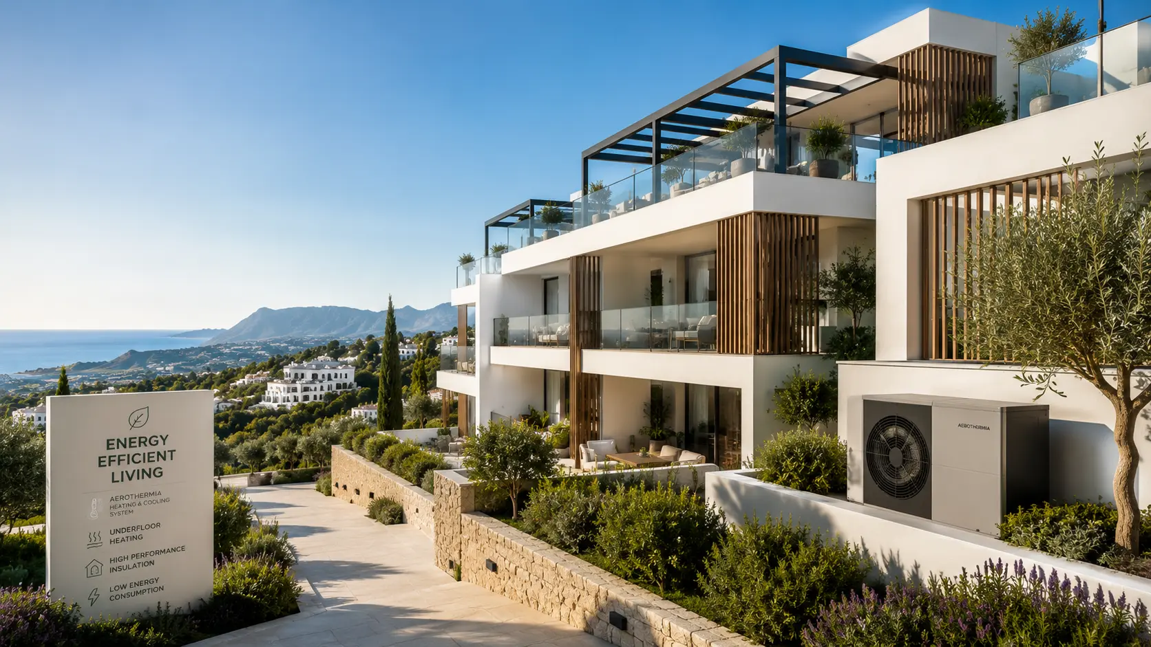 Modern energy-efficient apartment development in Benahavís with terraces and Mediterranean landscaping