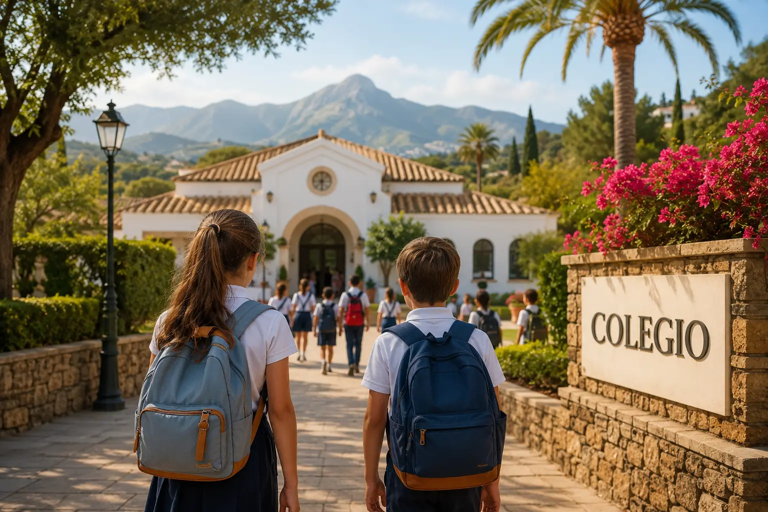 Children returning to school in Andalusia with Mediterranean school entrance and mountain landscape